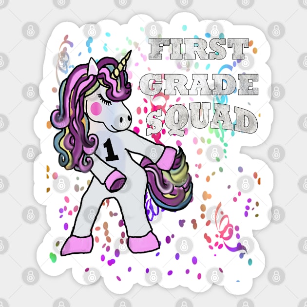 Back to School First Grade Squad Flossing Unicorn Stickers & Gifts Sticker by tamdevo1